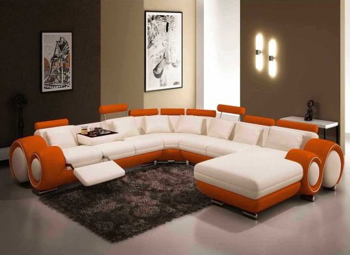 Canapé panoramique cuir blanc et orange OSLO - Angle Droit