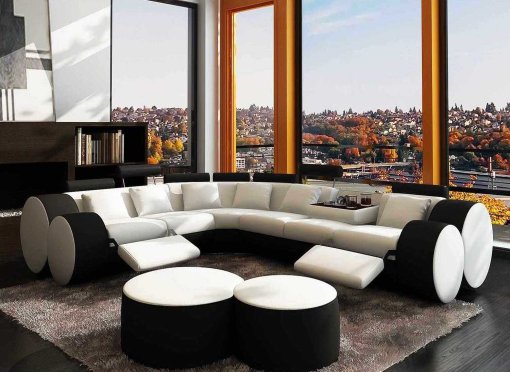 Canapé d'angle cuir blanc et noir + positions relax ROMA - Angle Gauche