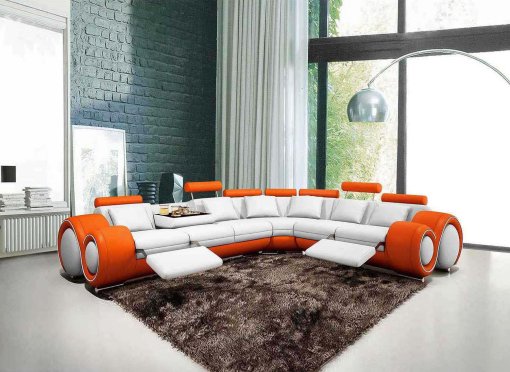 Canapé d'angle cuir blanc et orange + positions relax OSLO - Angle Droit