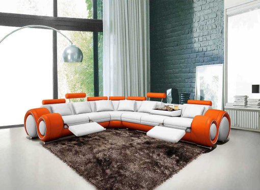 Canapé d'angle cuir blanc et orange + positions relax OSLO - Angle Gauche