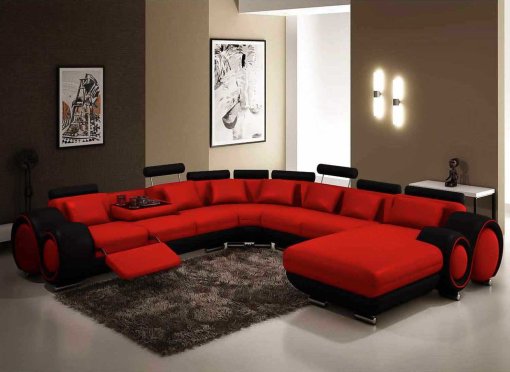 Canapé panoramique cuir rouge et noir OSLO - Angle Droit