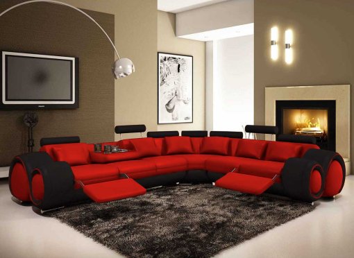 Canapé d'angle cuir rouge et noir + positions relax OSLO - Angle Droit