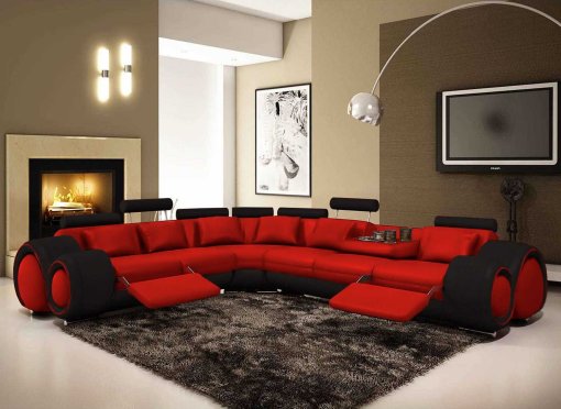 Canapé d'angle cuir rouge et noir + positions relax OSLO - Angle Gauche