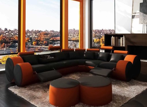 Canapé d'angle cuir noir et orange + positions relax ROMA - Angle Droit