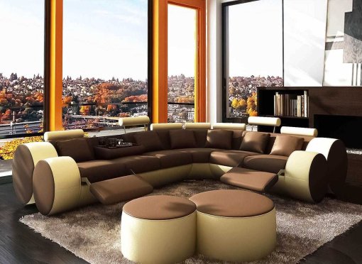 Canapé d'angle cuir marron et beige + positions relax ROMA - Angle Droit