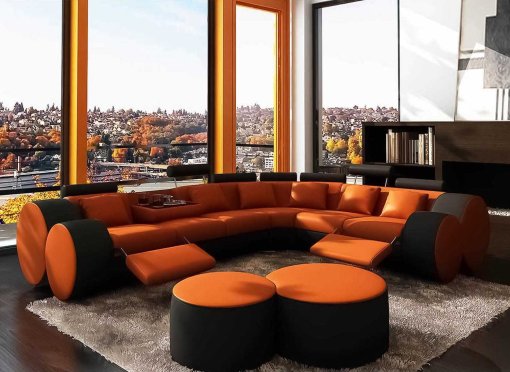 Canapé d'angle cuir orange et noir + positions relax ROMA - Angle Droit
