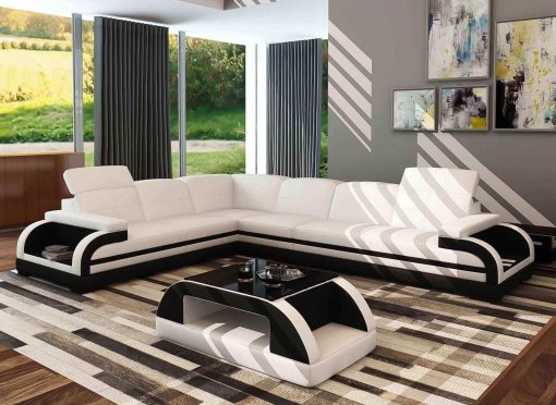 Canapé d'angle en cuir blanc et noir design BALI (ANGLE GAUCHE)