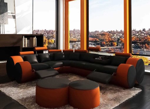 Canapé d'angle cuir noir et orange + positions relax ROMA - Angle Gauche
