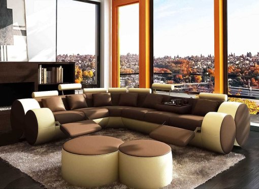 Canapé d'angle cuir marron et beige + positions relax ROMA - Angle Gauche