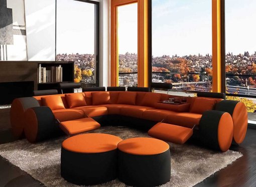 Canapé d'angle cuir orange et noir + positions relax ROMA - Angle Gauche
