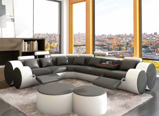 Canapé d'angle cuir gris et blanc + positions relax ROMA - Angle Gauche