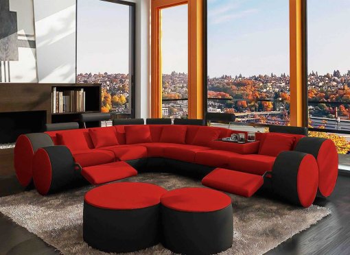Canapé d'angle cuir rouge et noir + positions relax ROMA - Angle Gauche
