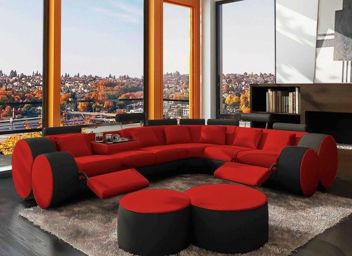 Canapé d'angle cuir rouge et noir + positions relax ROMA - Angle Droit