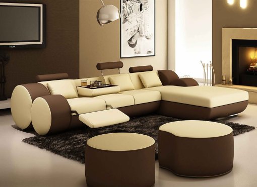 Canapé d'angle relax cuir beige et marron RIMA - Angle Droit