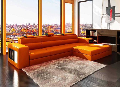 Canapé d'angle droit méridienne orange design en cuir VENISE