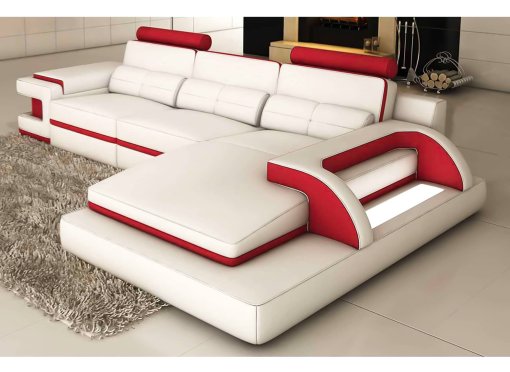 Canapé d'angle cuir blanc et rouge design avec lumière IBIZA - Angle Droit