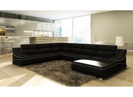 Canapé d'angle panoramique en cuir noir et blanc design ROXANE - Angle Droit