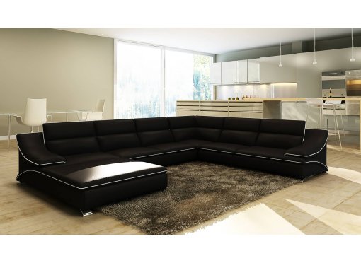 Canapé d'angle panoramique en cuir noir et blanc design ROXANE - Angle Gauche