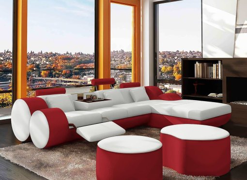 Canapé d'angle relax cuir blanc et rouge RIMA - Angle Droit