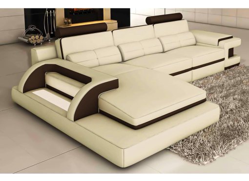Canapé d'angle cuir beige et marron design avec lumière IBIZA (GAUCHE)
