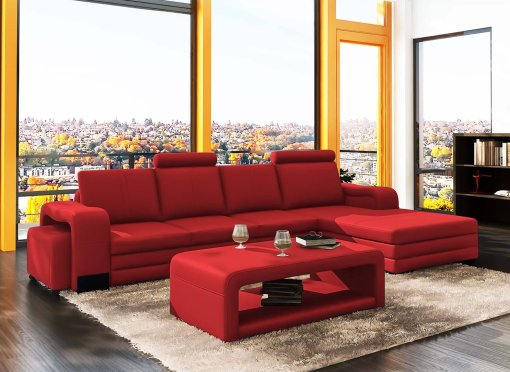 Canapé d'angle méridienne rouge design en cuir HAVANE - Angle Droit