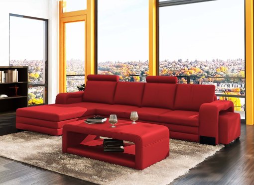 Canapé d'angle méridienne rouge design en cuir HAVANE - Angle Gauche
