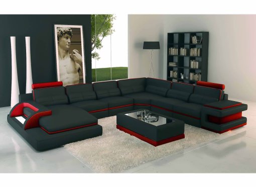 Canapé panoramique cuir noir et rouge design avec lumière IBIZA PANORAMIQUE (ANGLE GAUCHE)