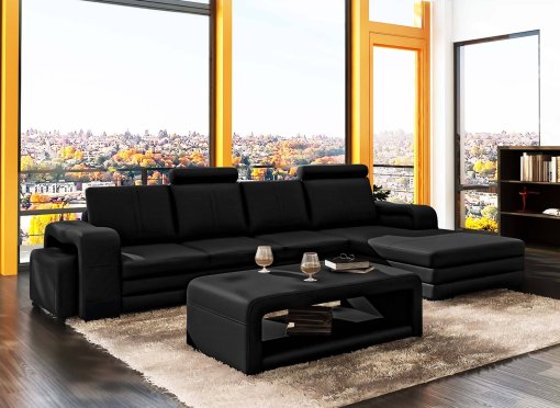 Canapé d'angle droit méridienne noir design en cuir HAVANE