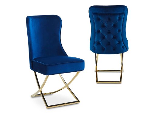 Lot de 2 chaises en velours bleu pieds en métal doré ETHAN