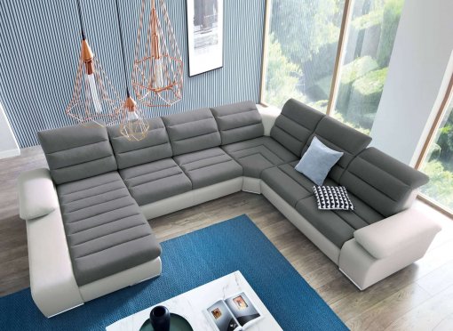 Canapé d’angle panoramique et convertible en tissu gris et simili blanc MAYWEN - Angle gauche