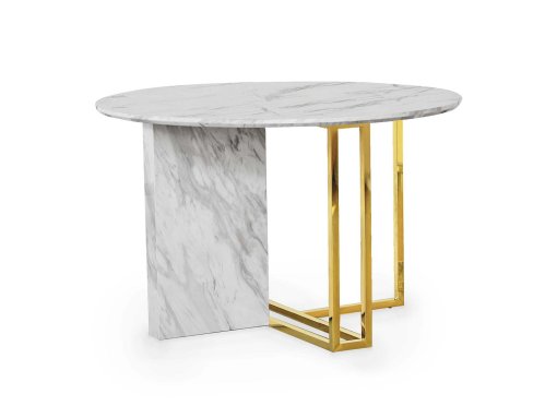 Table à manger ronde design effet marbre blanc et doré ERIKA