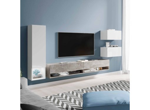 Meuble TV contemporain gris béton et blanc laqué avec LED - AMANDA
