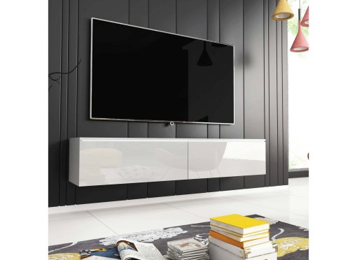 Meuble TV contemporain laqué blanc avec LED 2 portes MALORIE - 180 cm