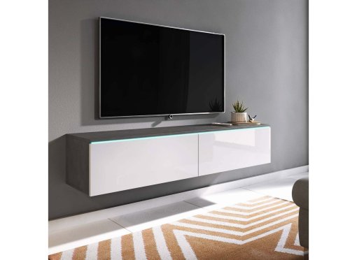 Meuble TV contemporain gris et blanc avec LED 2 portes MALORIE - 180 cm