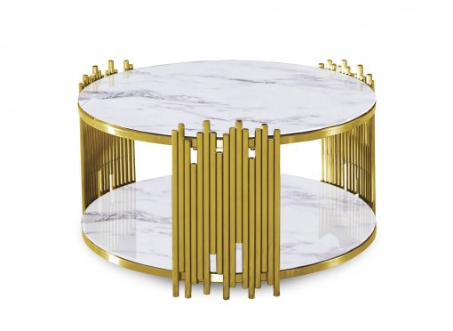 Table basse ronde en verre effet marbre blanc et métal doré ORIANA