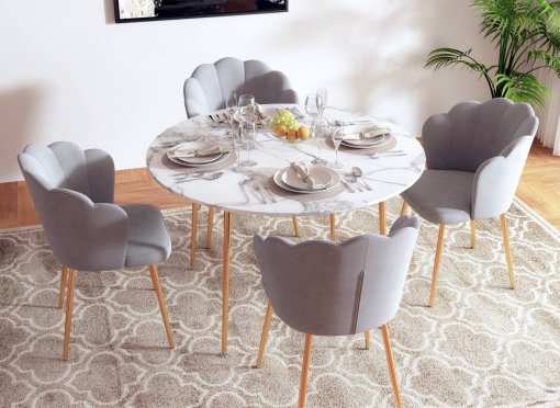 Table à manger ronde design aspect marbre blanc et doré VIRGINIE