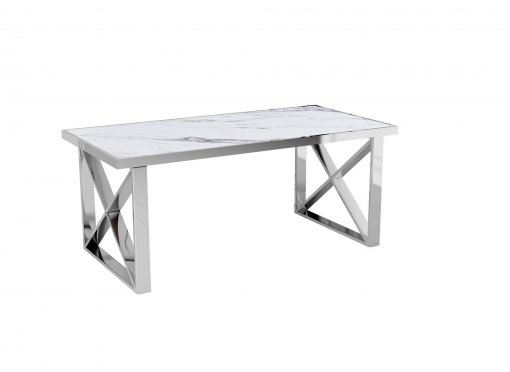 Table à manger rectangulaire effet marbre blanc et pieds argentés ISORE