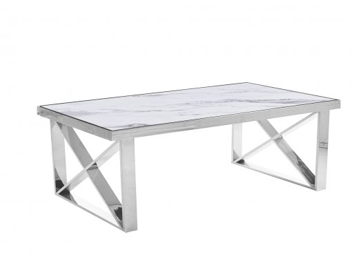 Table basse rectangulaire effet marbre blanc et pieds argentés ISORE