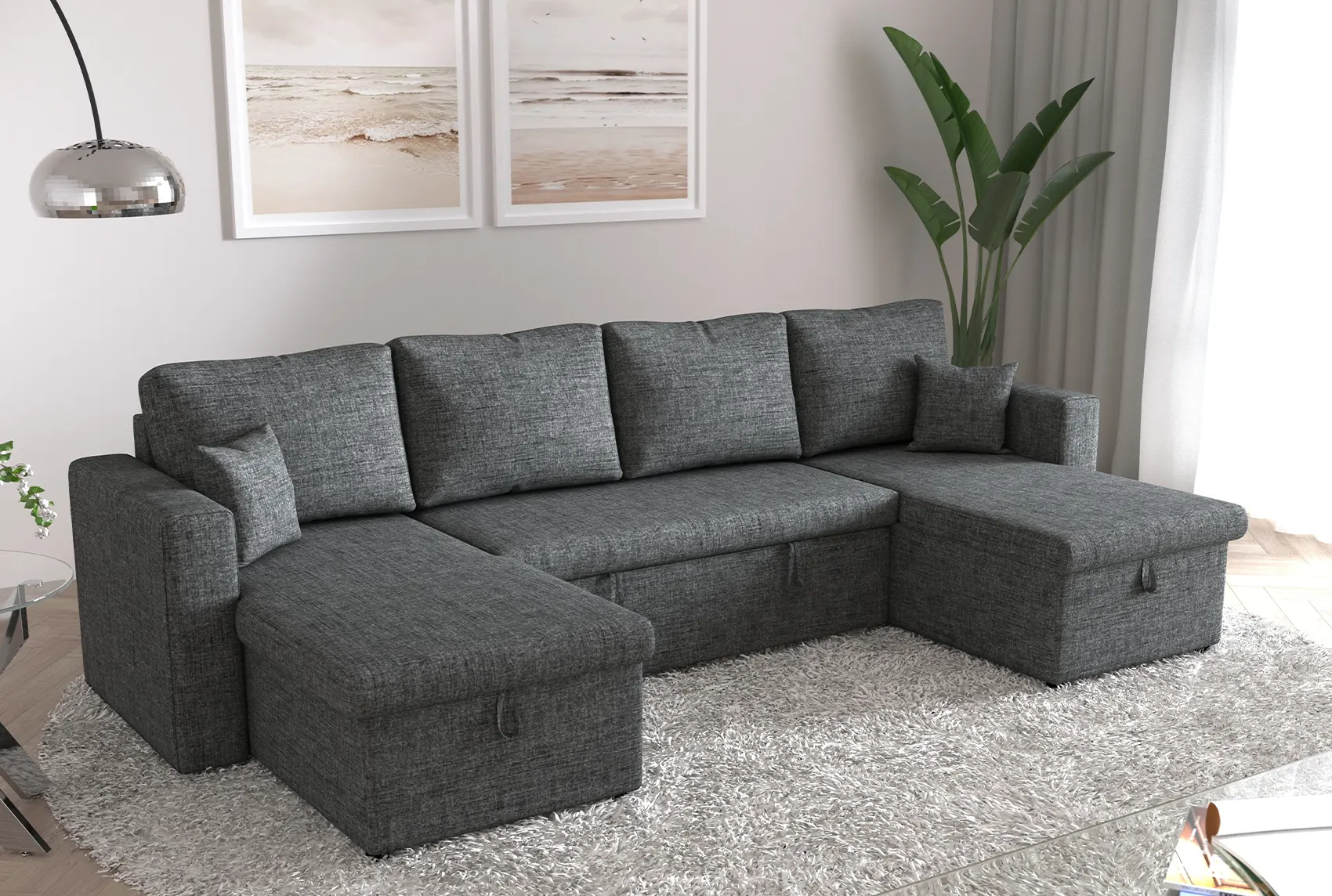 Canapé panoramique convertible 2 coffres de rangement en tissu gris foncé ADRYEN