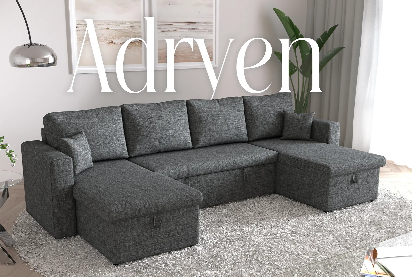 Canapé panoramique convertible 2 coffres de rangement en tissu gris foncé ADRYEN