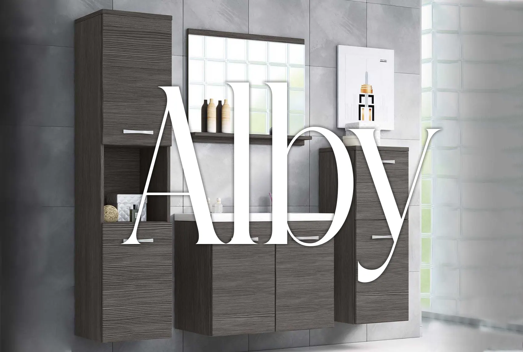 Photo de l'Ensemble meubles salle de bain design suspendu - Noir mat ALBY avec ALBY écrit au milieu.