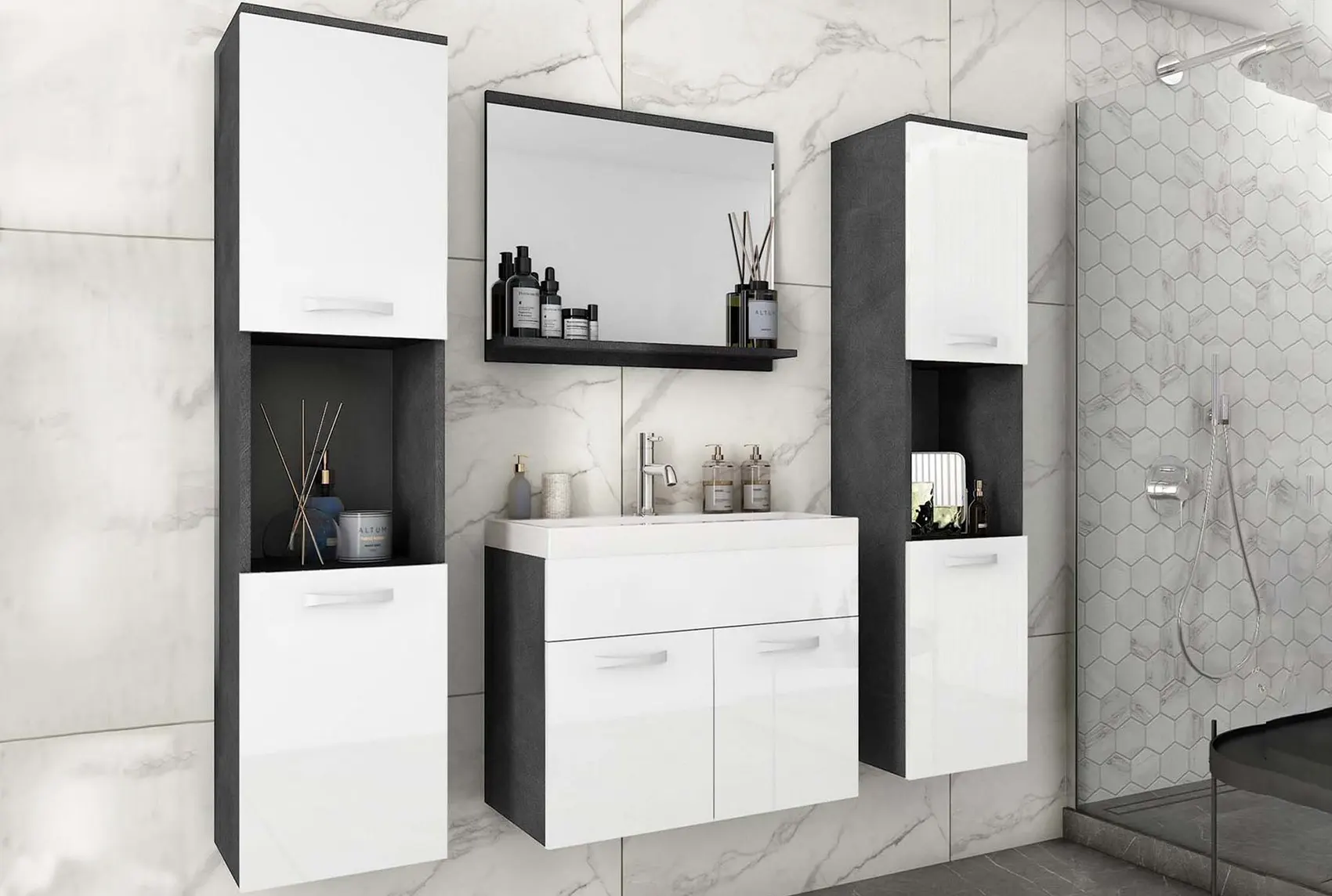 Photo de l'Ensemble meubles salle de bain design suspendu - Noir mat ALBY