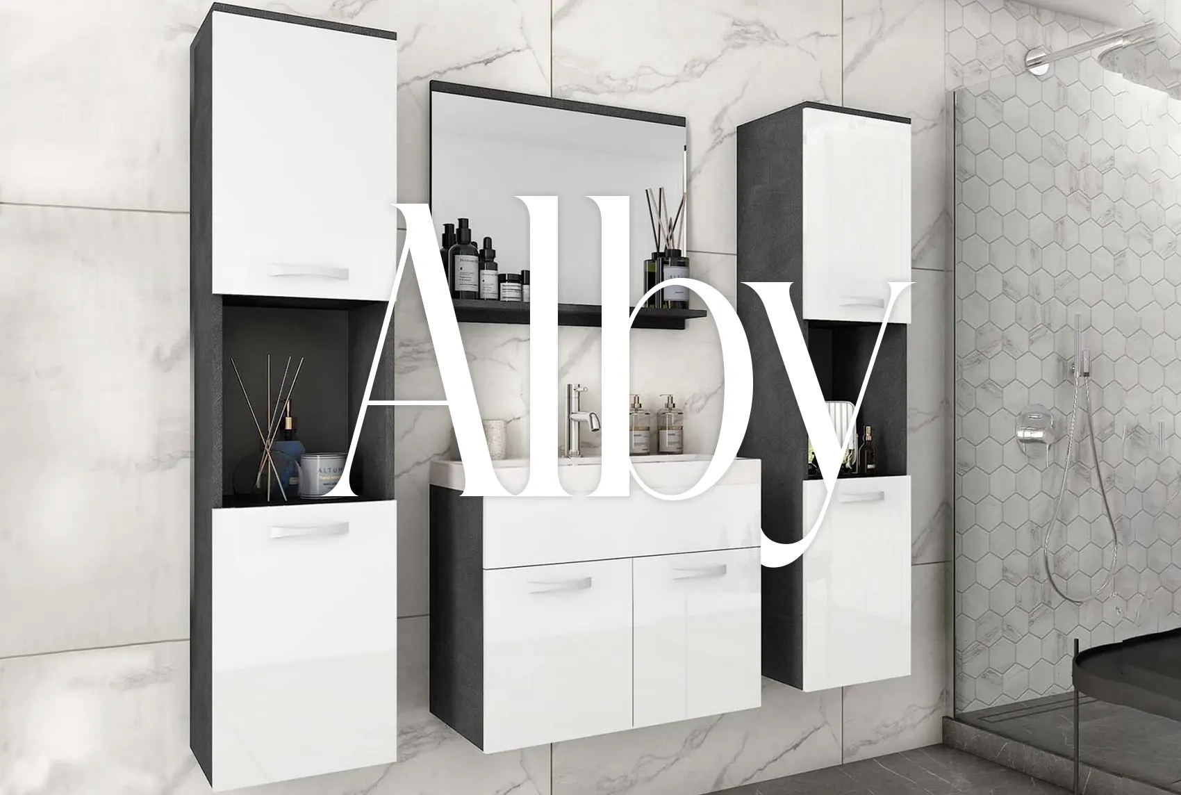 Photo de l'Ensemble meubles salle de bain design suspendu - Noir mat ALBY avec ALBY écrit au milieu.