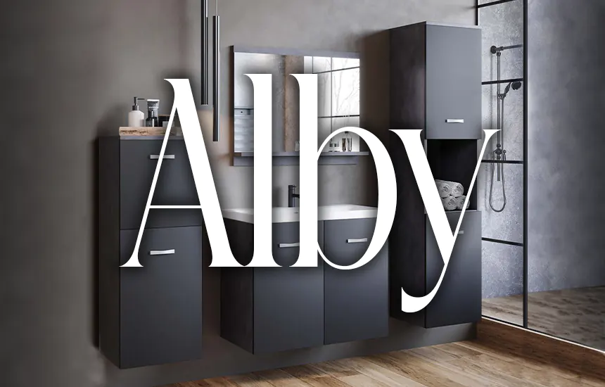 Photo de l'Ensemble meubles salle de bain design suspendu - Noir mat ALBY avec ALBY écrit au milieu.
