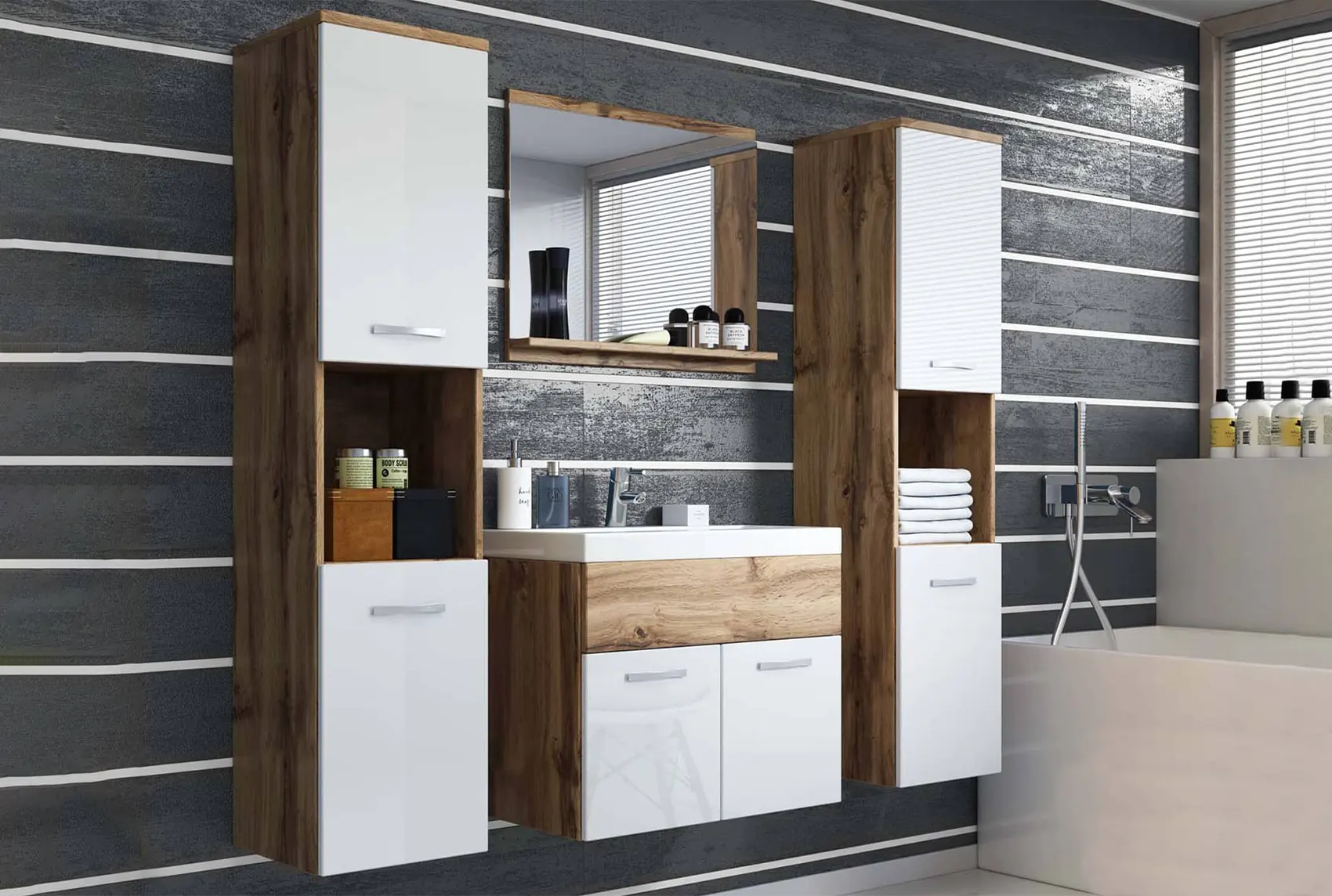 Ensemble meubles salle de bain suspendu XL - Bois et blanc HARMONY