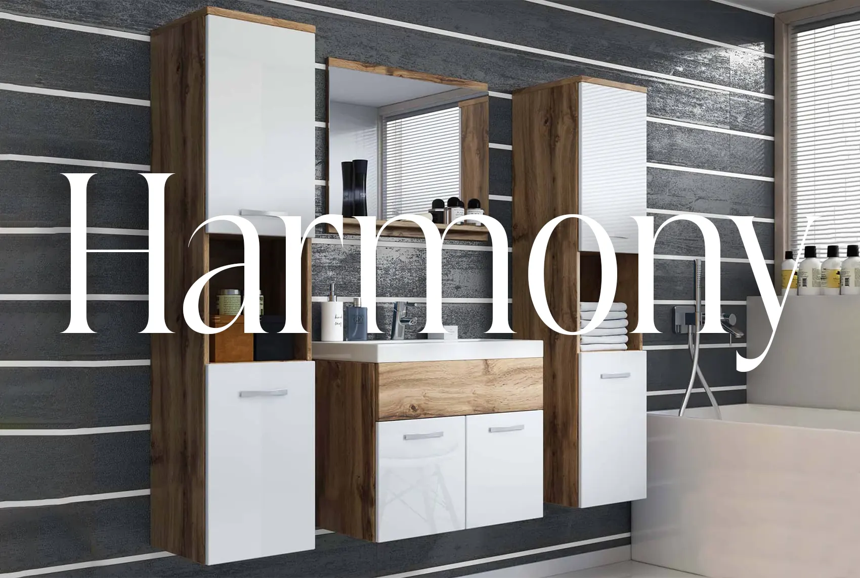 Ensemble meubles salle de bain suspendu XL - Bois et blanc HARMONY