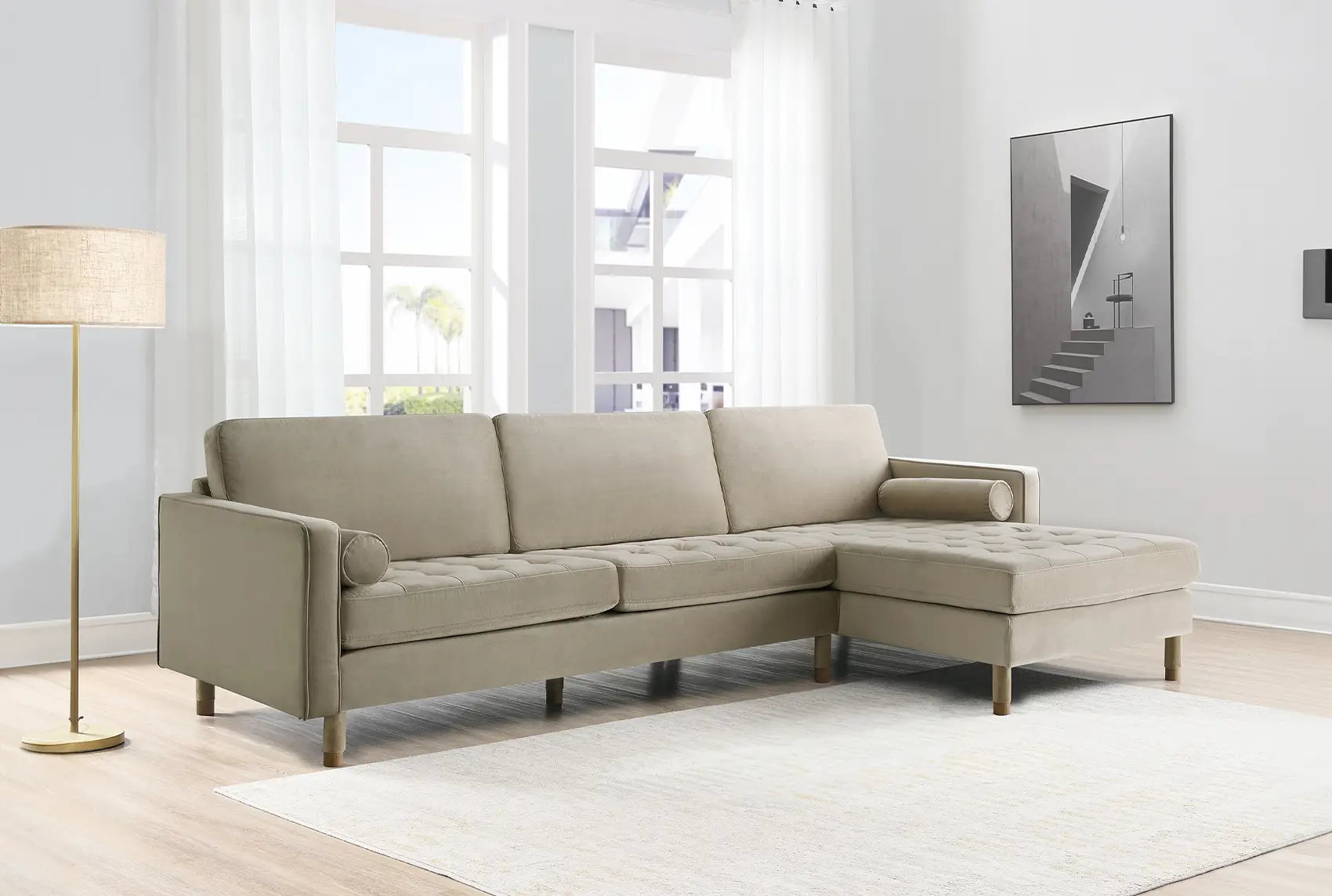 Canapé d'angle scandinave en velours beige SALAMBO