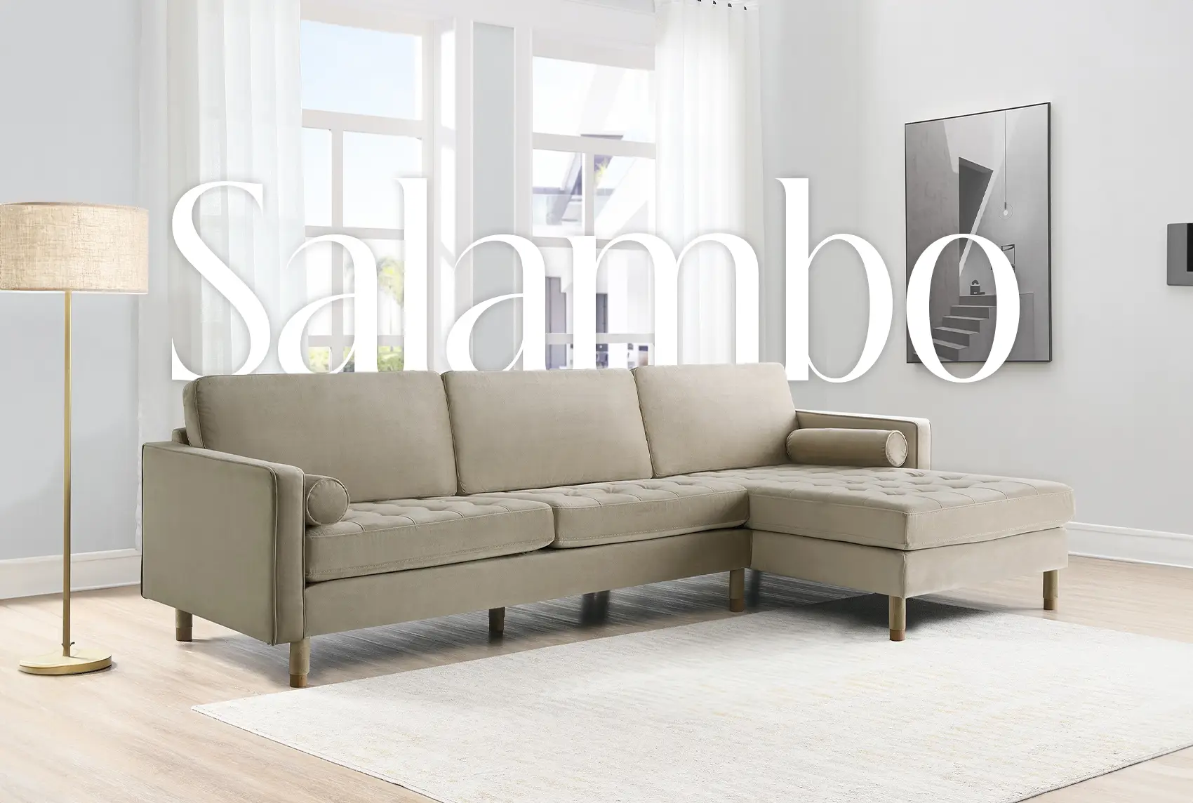 Canapé d'angle scandinave en velours beige SALAMBO