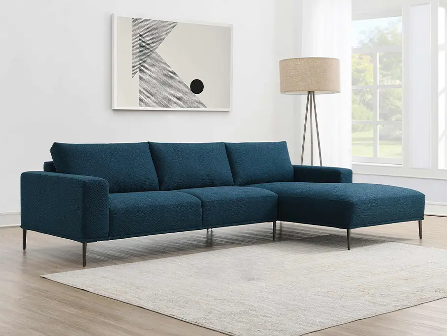 Canapé d'angle avec méridienne en tissu bleu ARNOLD - Angle Droit