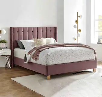 Lit double capitonné en velours rose AXELLE 160x200 cm